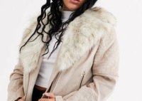 River Island Beige Faux Fur Collar Biker Coat