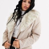 River Island Beige Faux Fur Collar Biker Coat